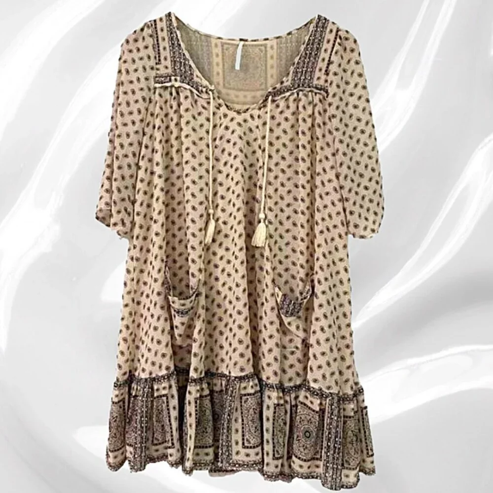 Free People Penny Lane Tea Cream Boho Paisley Floral Short Dress, Size XS